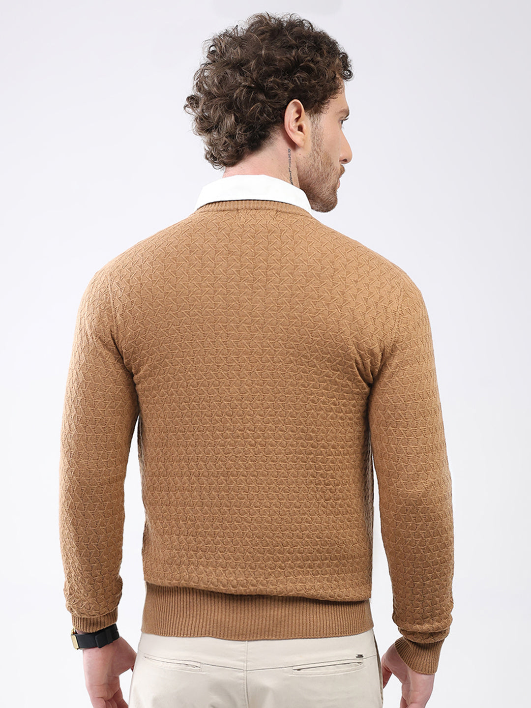 Luxuria Men Khaki Self Design V Neck Full Sleeve Pullover