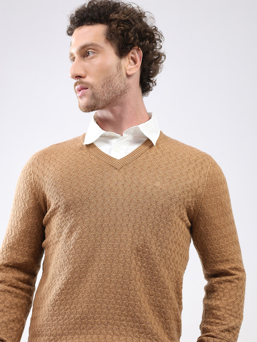 Luxuria Men Khaki Self Design V Neck Full Sleeve Pullover