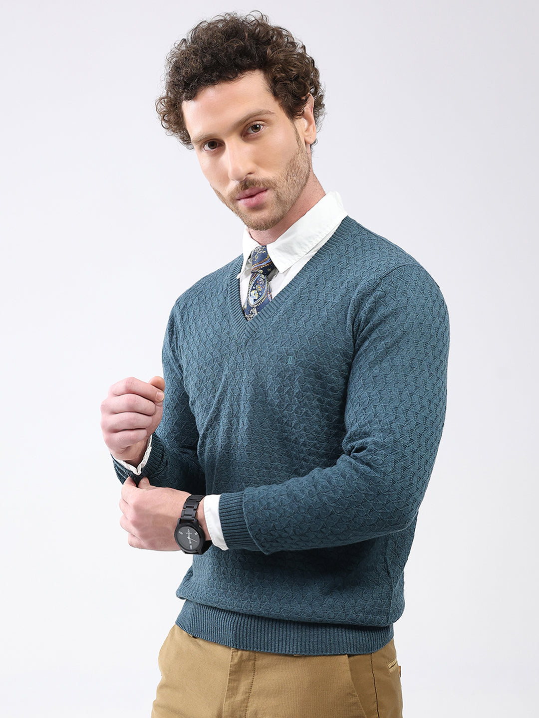 Luxuria Men Teal Blue Self Design V Neck Full Sleeve Pullover