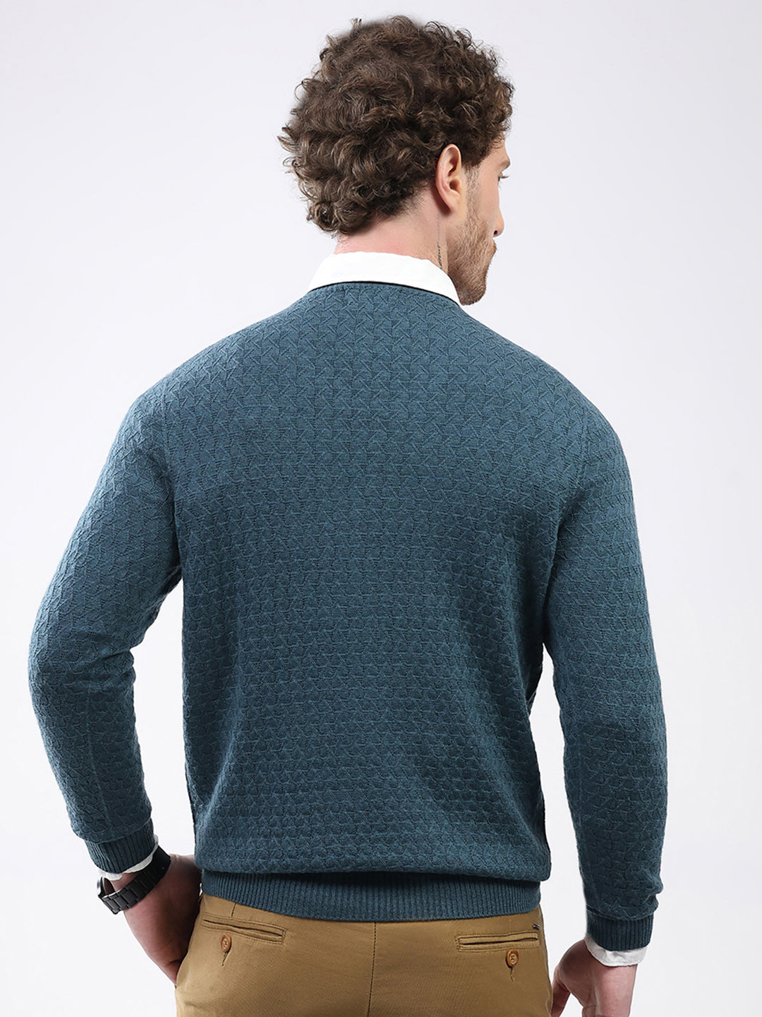 Luxuria Men Teal Blue Self Design V Neck Full Sleeve Pullover