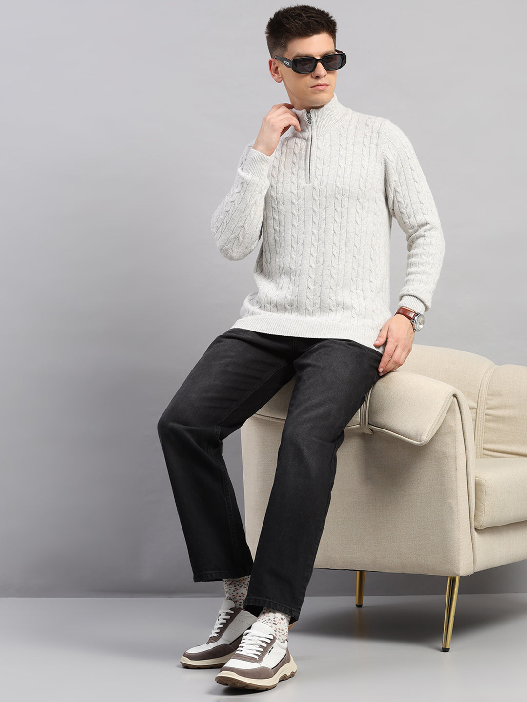 Luxuria Men Off White Self Design Round Neck Full Sleeve Pullover