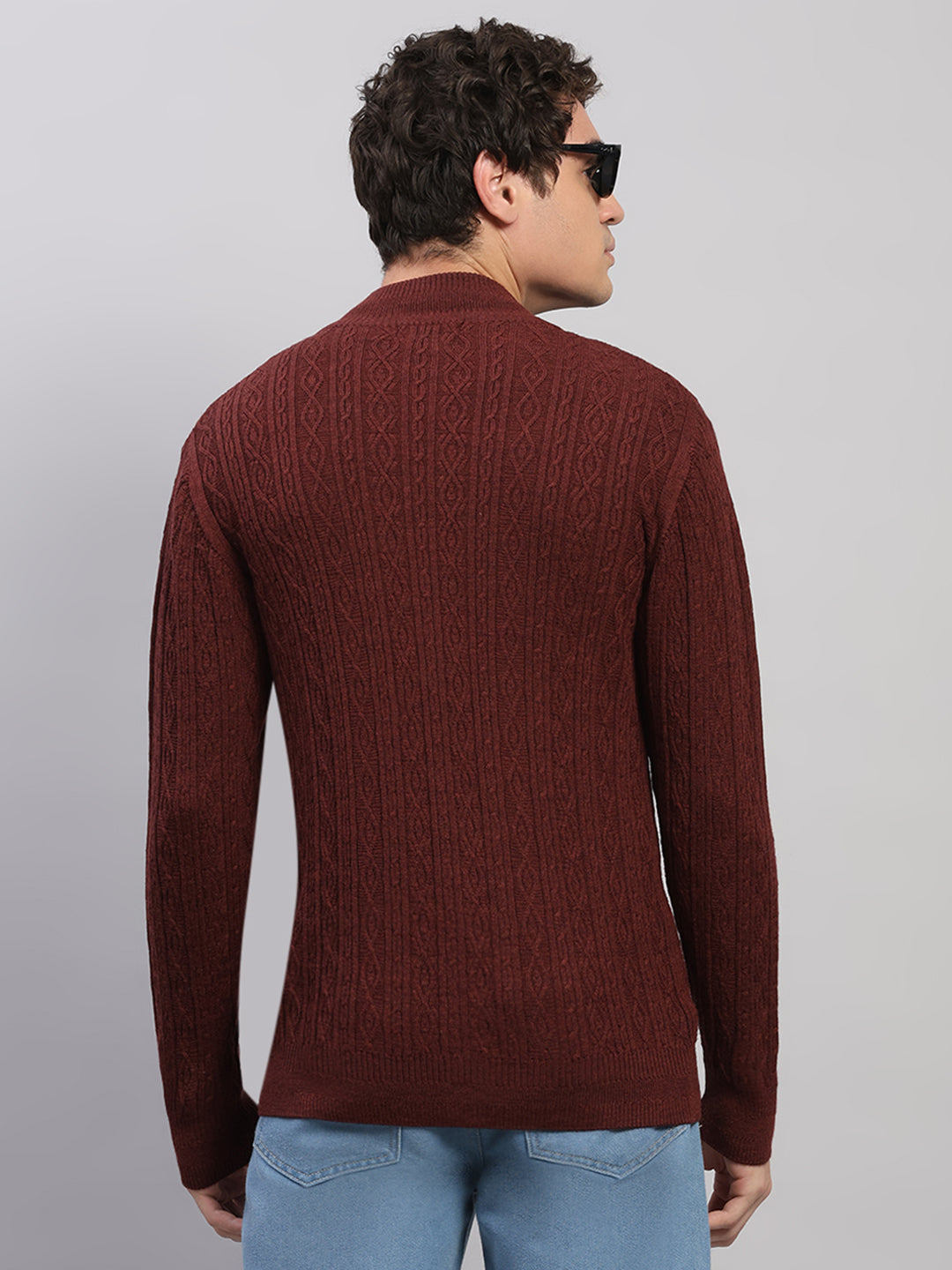 Luxuria Men Maroon Self Design Round Neck Full Sleeve Pullover