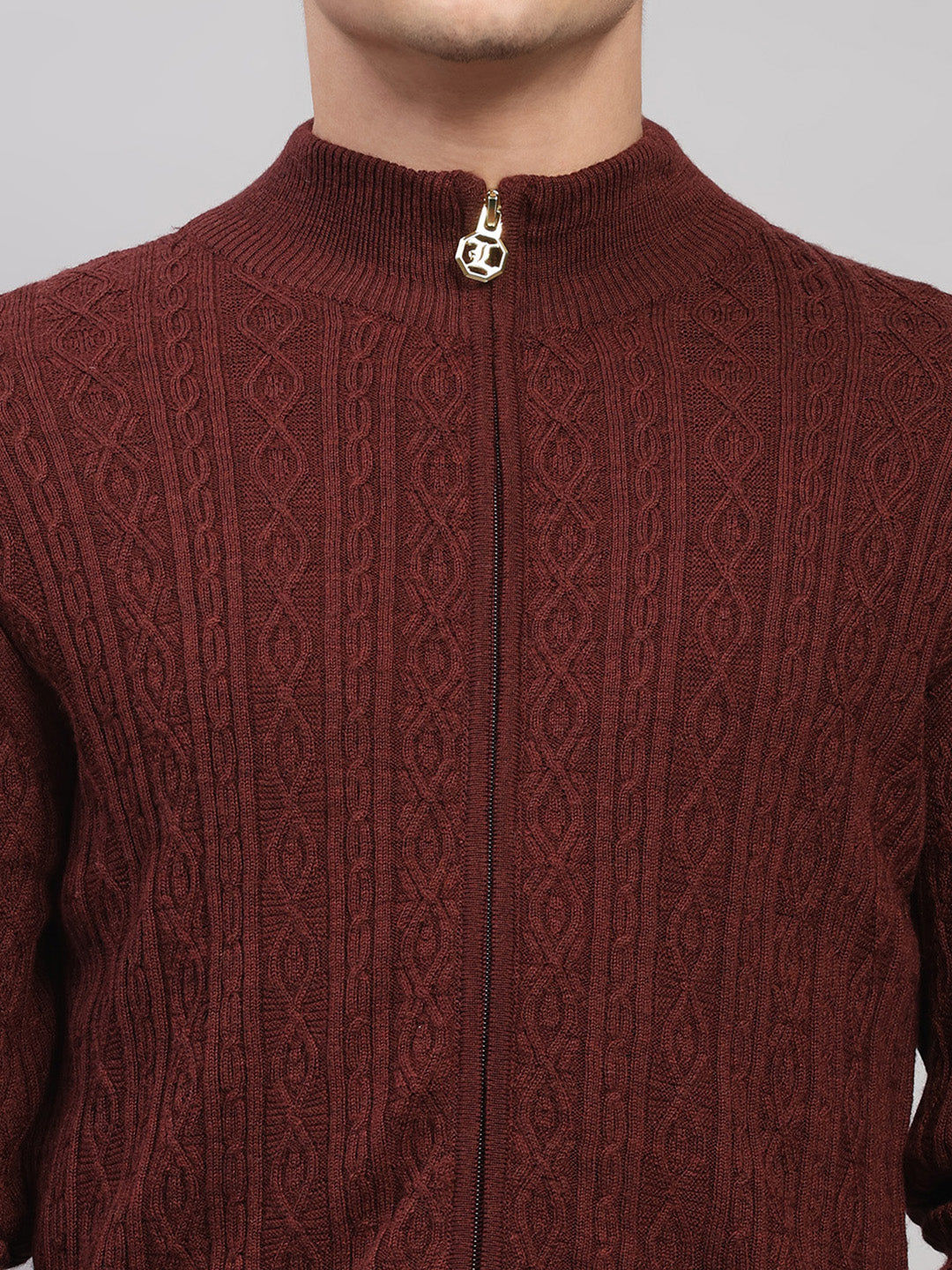 Luxuria Men Maroon Self Design Round Neck Full Sleeve Pullover