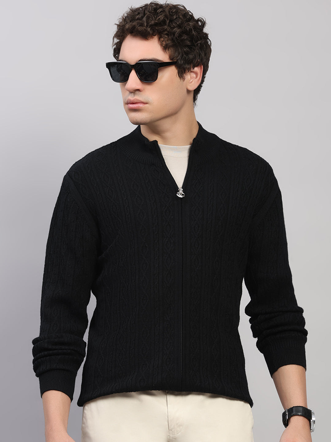 Luxuria Men Black Self Design Round Neck Full Sleeve Pullover