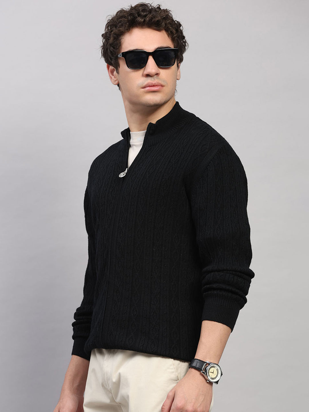 Luxuria Men Black Self Design Round Neck Full Sleeve Pullover