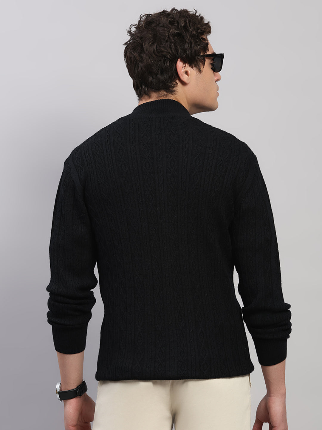 Luxuria Men Black Self Design Round Neck Full Sleeve Pullover