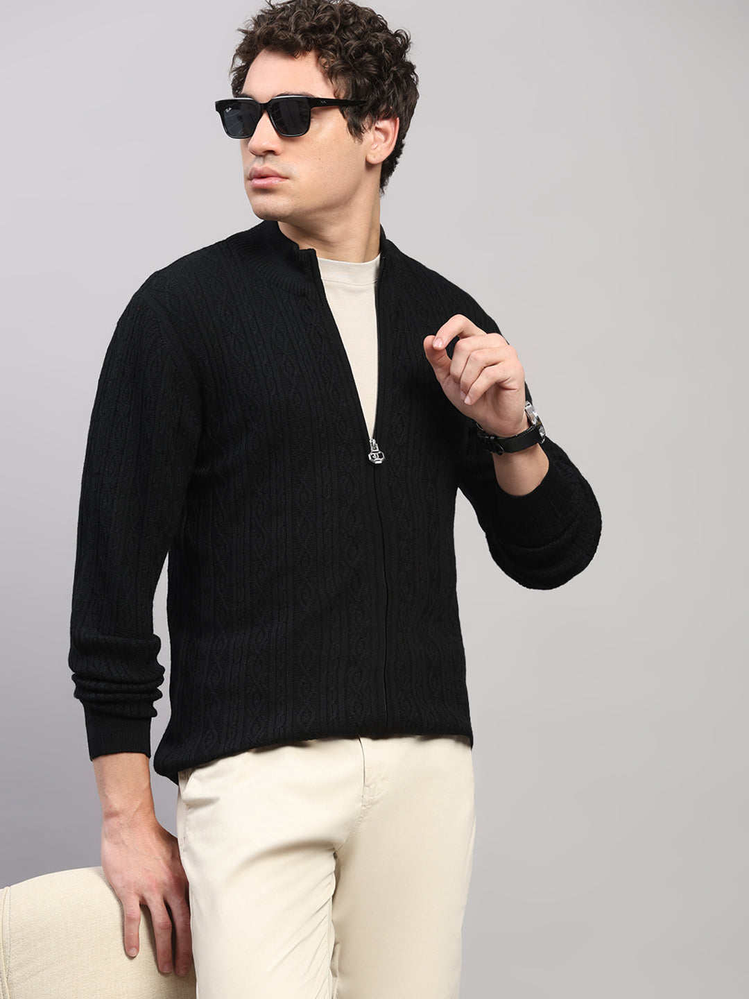 Luxuria Men Black Self Design Round Neck Full Sleeve Pullover