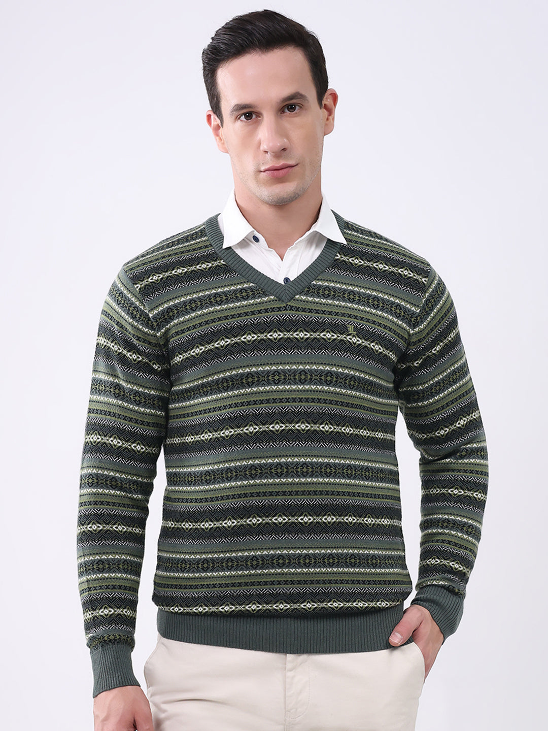 Luxuria Men Green Stripe V Neck Full Sleeve Pullover