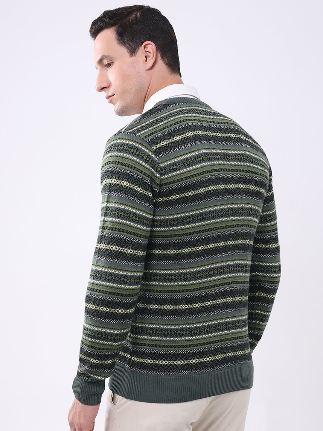 Luxuria Men Green Stripe V Neck Full Sleeve Pullover