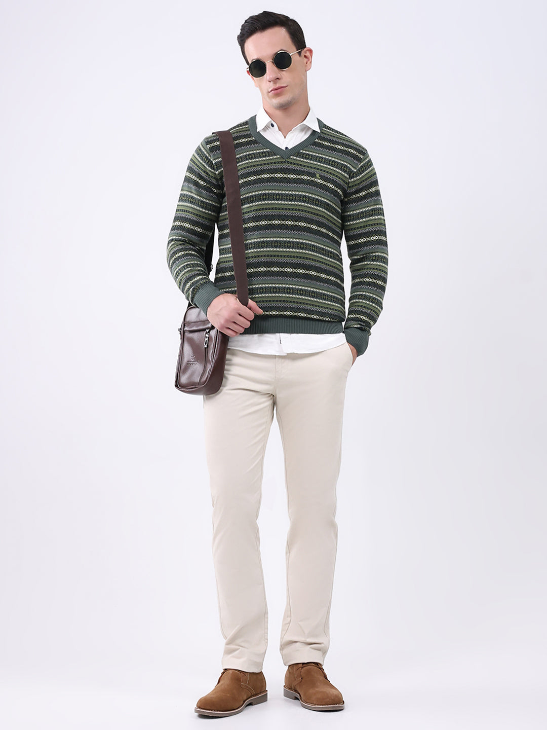 Luxuria Men Green Stripe V Neck Full Sleeve Pullover