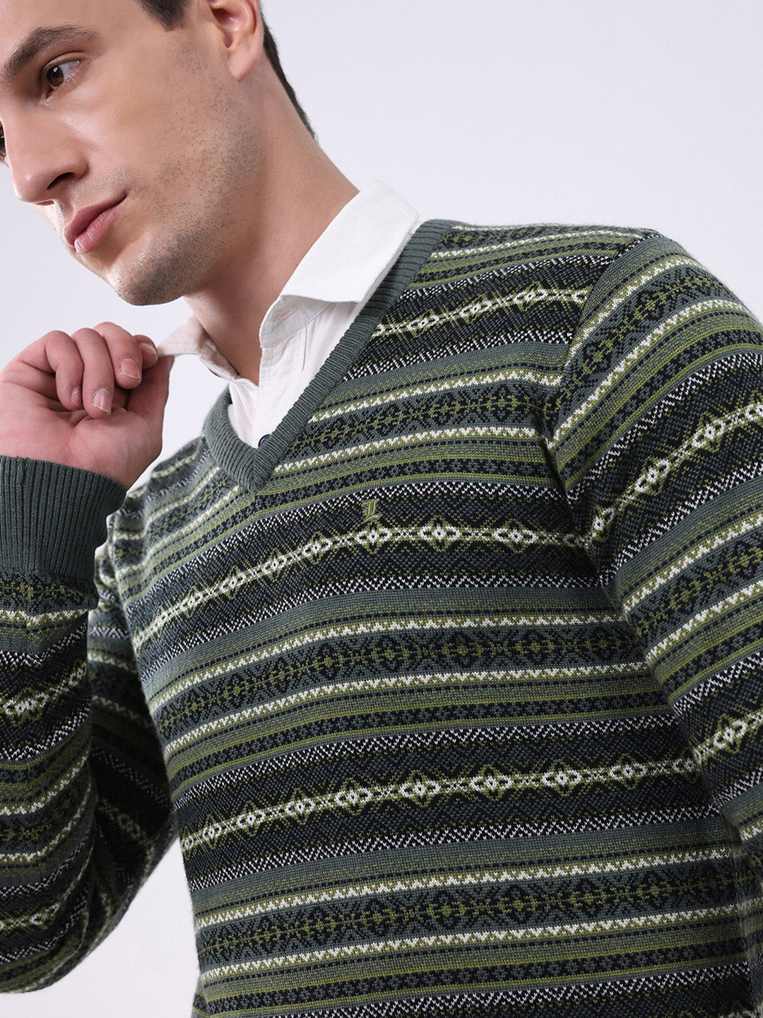 Luxuria Men Green Stripe V Neck Full Sleeve Pullover