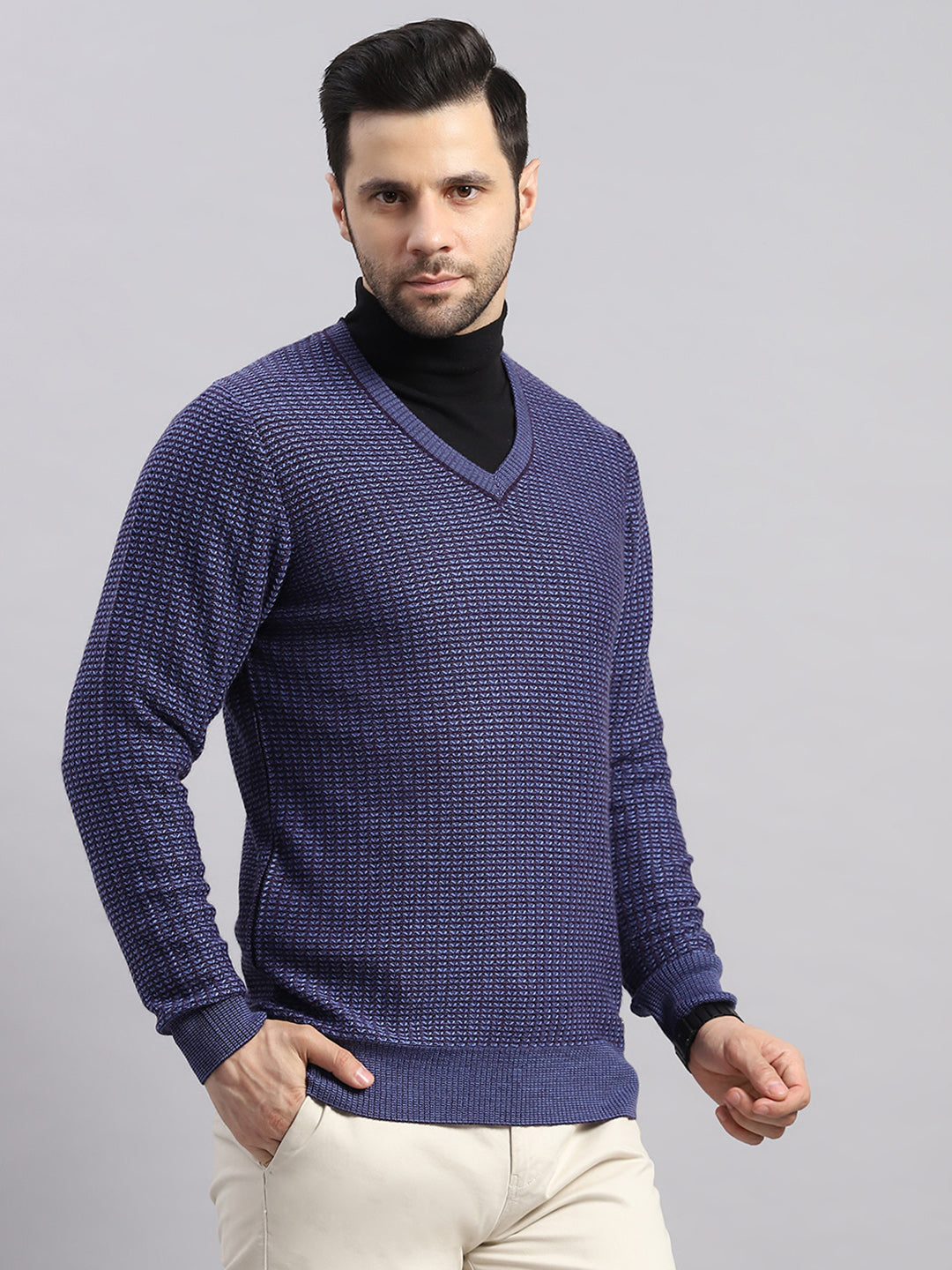 Luxuria Men Blue Printed V Neck Full Sleeve Pullover