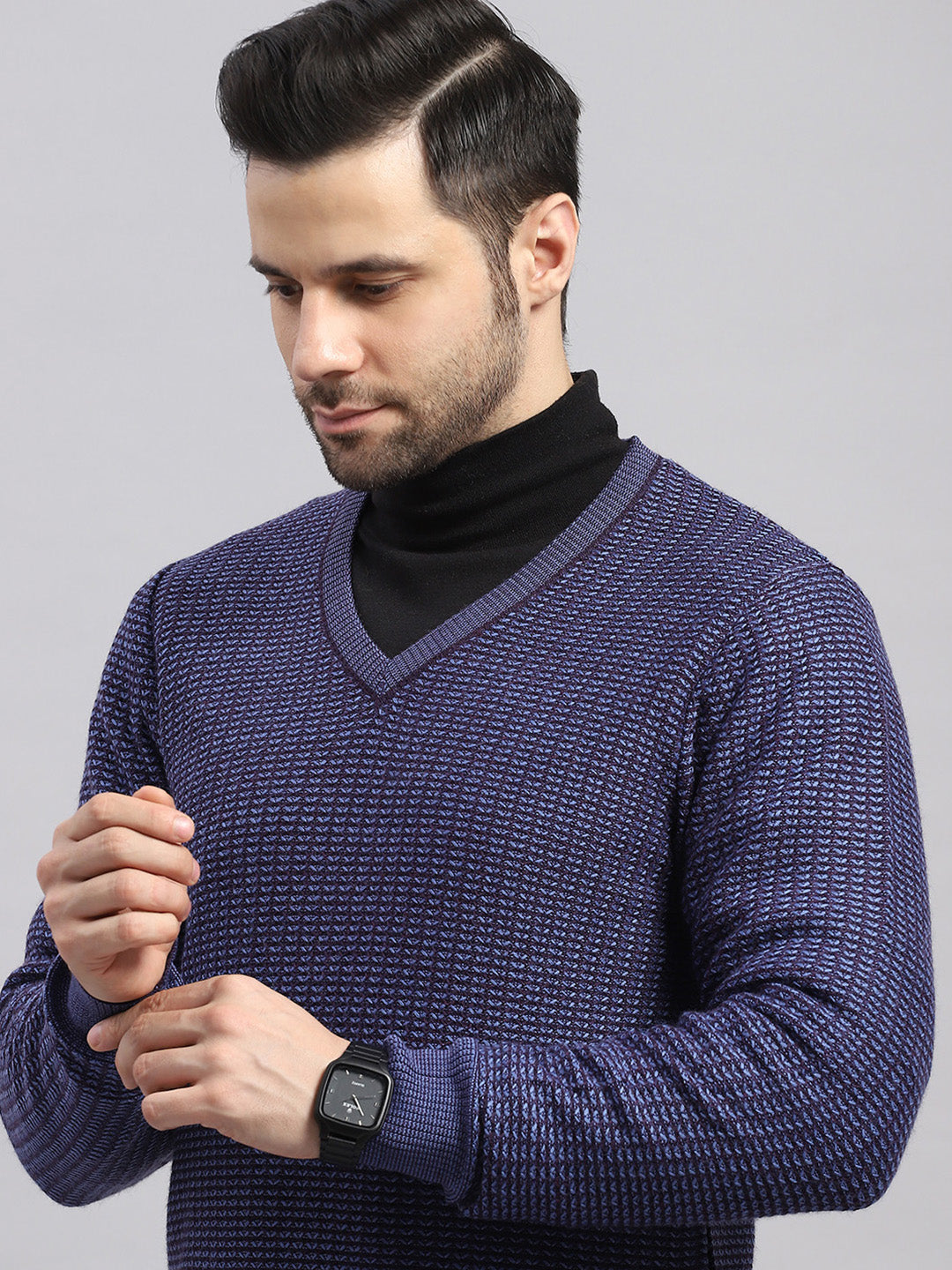 Luxuria Men Blue Printed V Neck Full Sleeve Pullover