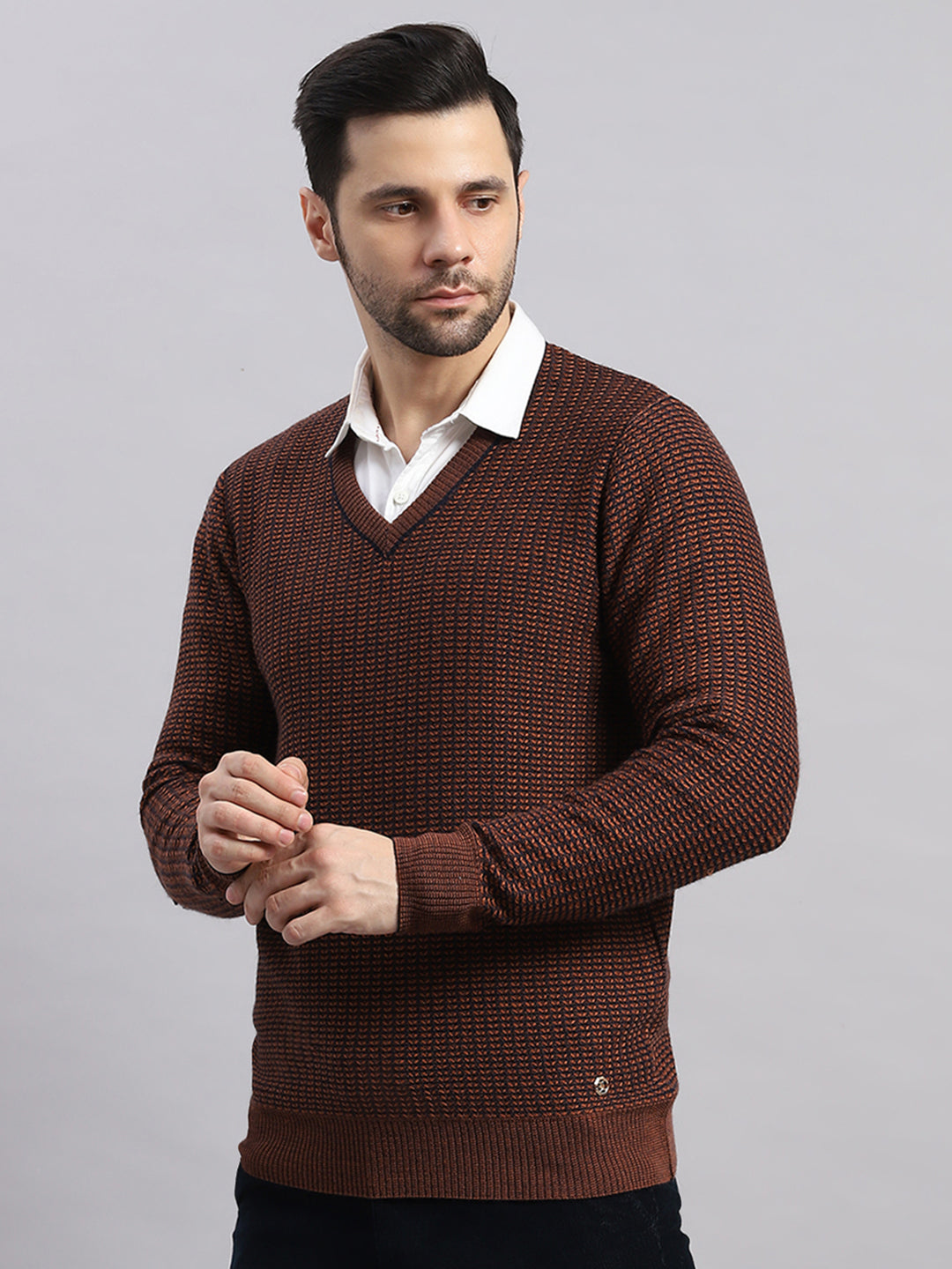 Luxuria Men Rust Printed V Neck Full Sleeve Pullover