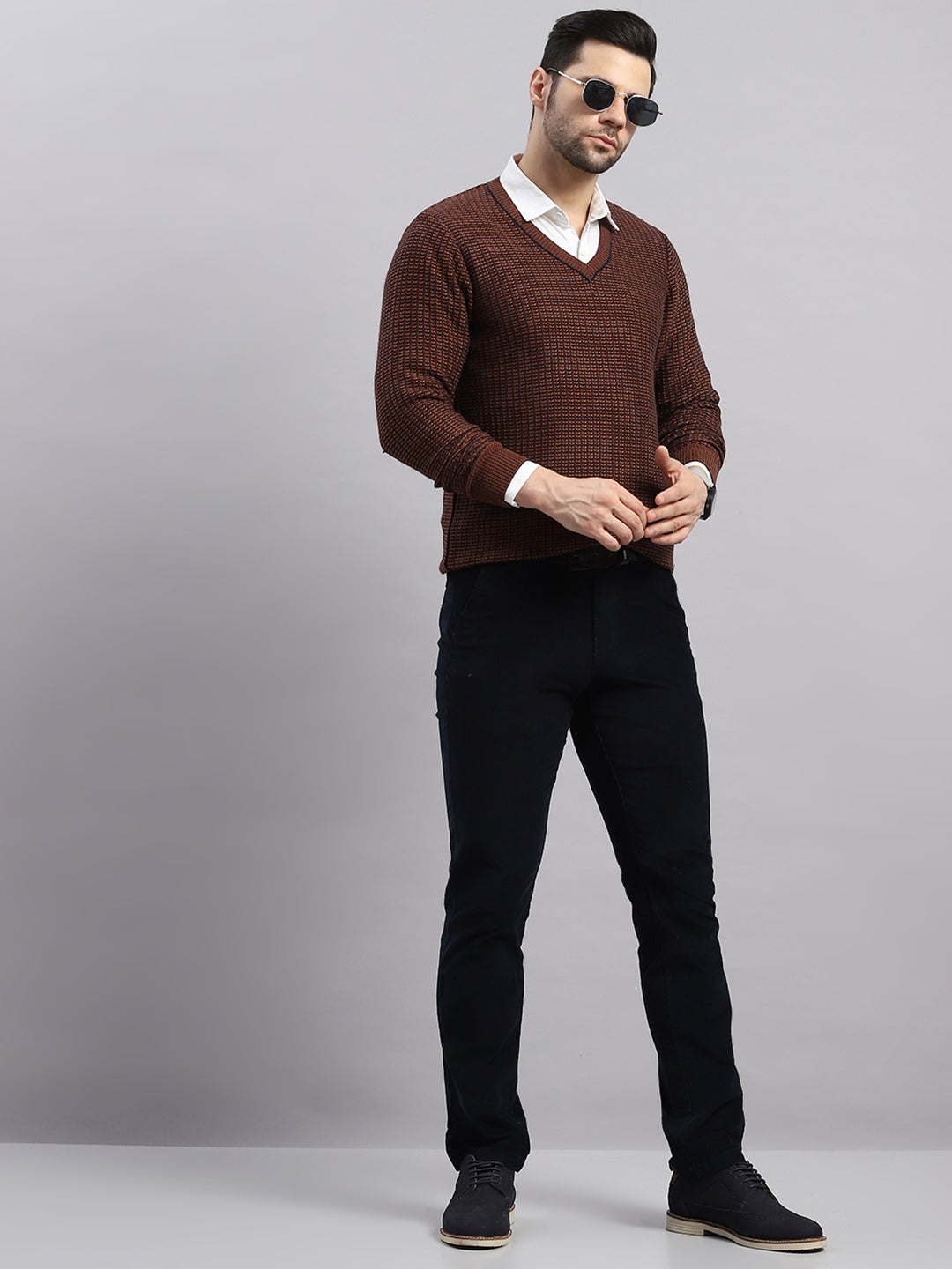 Luxuria Men Rust Printed V Neck Full Sleeve Pullover