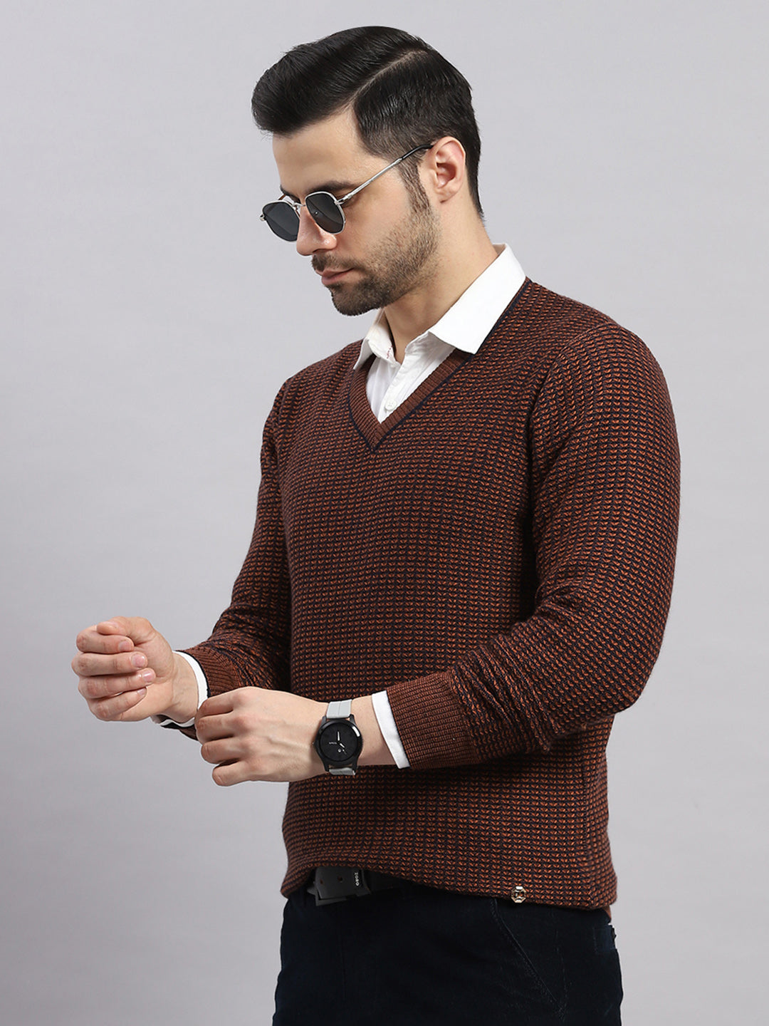 Luxuria Men Rust Printed V Neck Full Sleeve Pullover