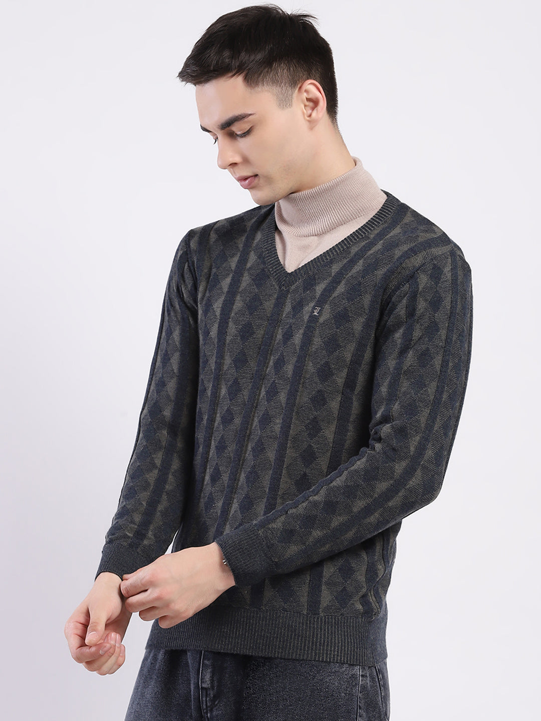 Luxuria Men Charcoal Self Design V Neck Full Sleeve Pullover