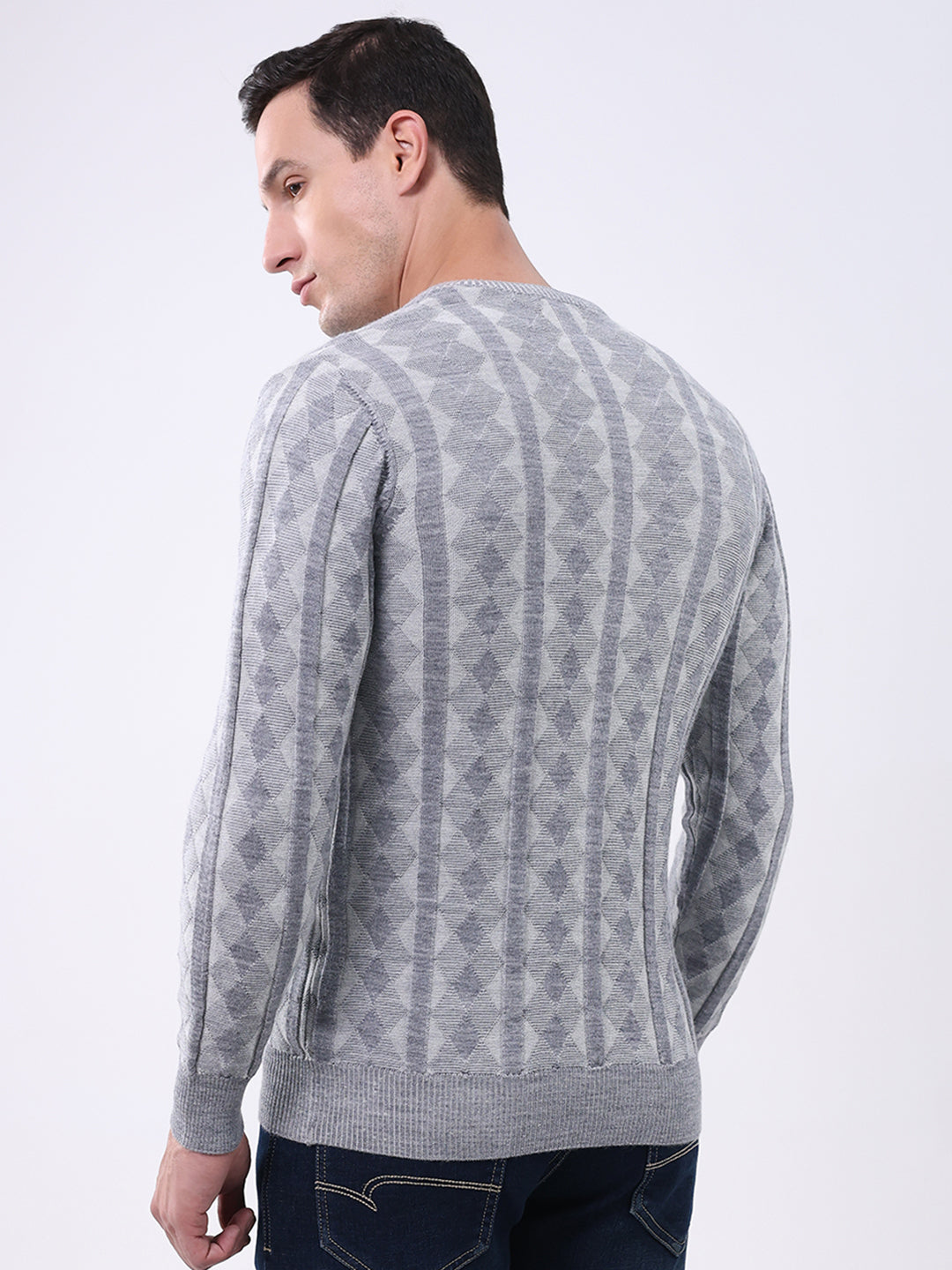 Luxuria Men Grey Stripe V Neck Full Sleeve Pullover