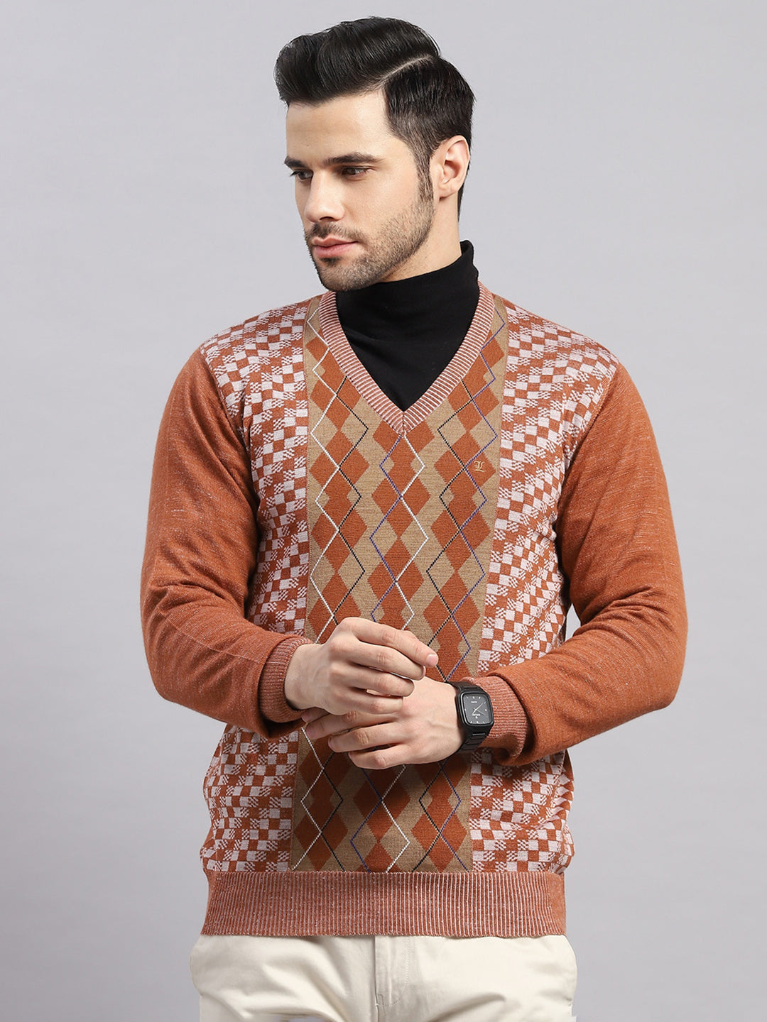 Luxuria Men Rust Printed V Neck Full Sleeve Pullover
