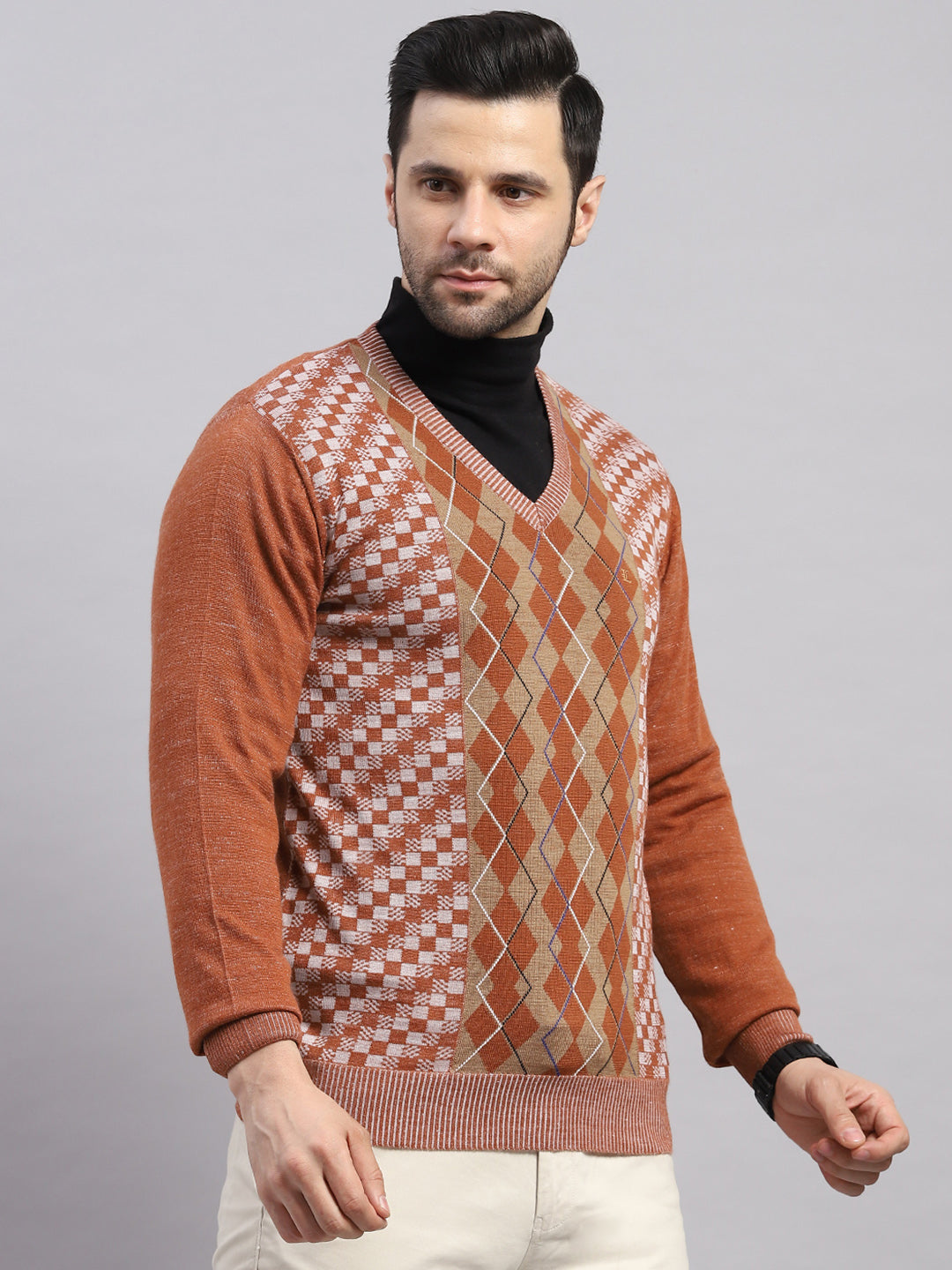 Luxuria Men Rust Printed V Neck Full Sleeve Pullover