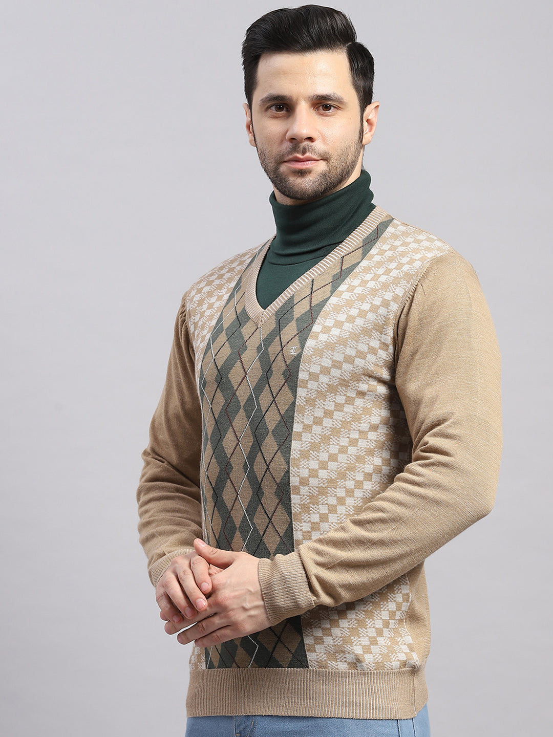 Luxuria Men Camel Brown Printed V Neck Full Sleeve Pullover