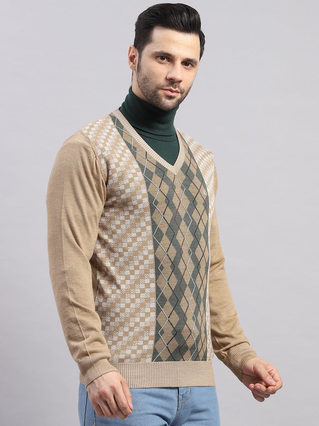 Luxuria Men Camel Brown Printed V Neck Full Sleeve Pullover