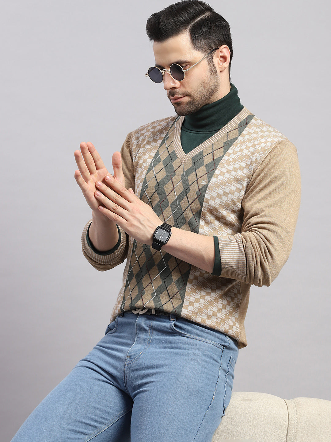 Luxuria Men Camel Brown Printed V Neck Full Sleeve Pullover