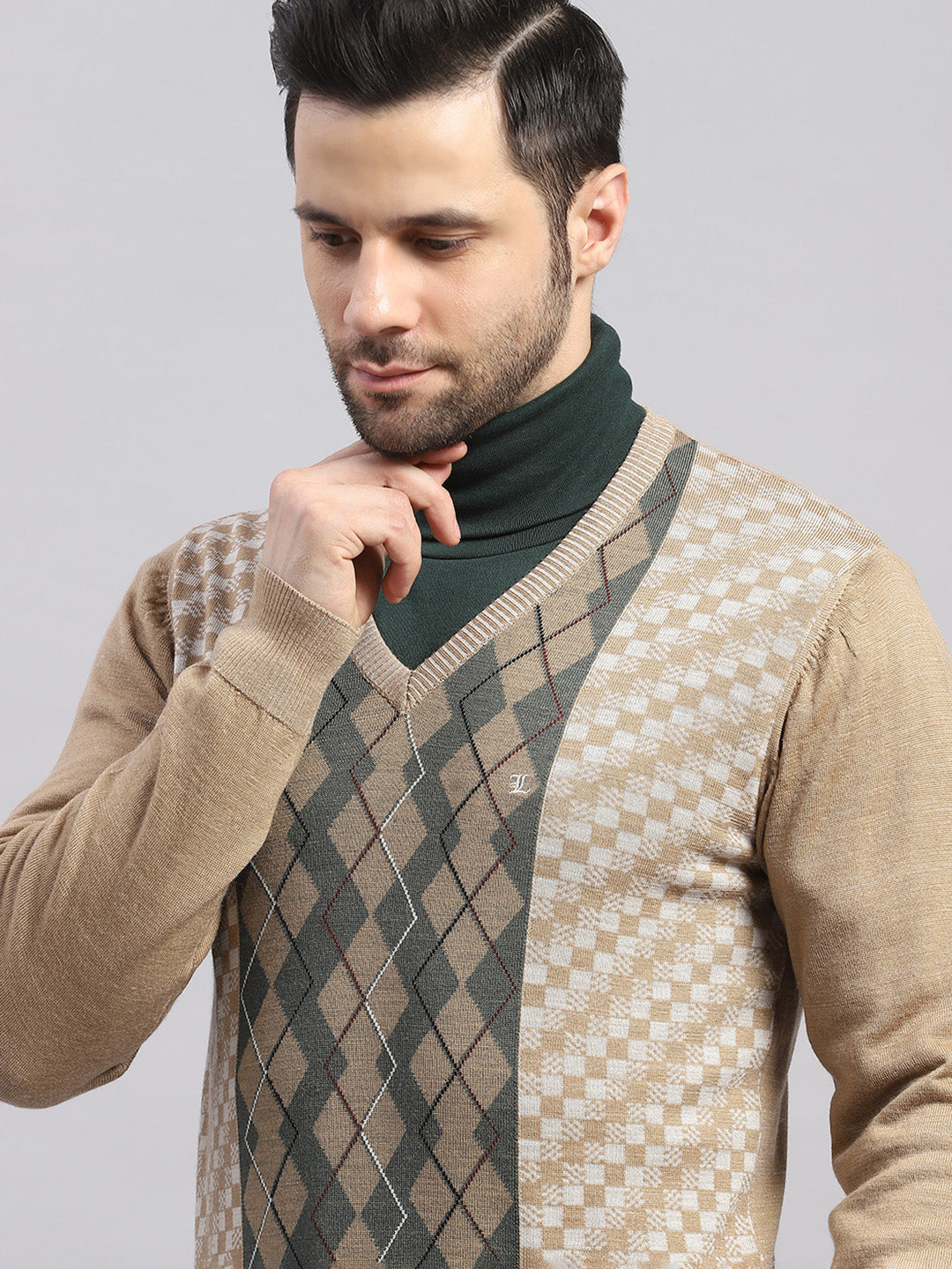 Luxuria Men Camel Brown Printed V Neck Full Sleeve Pullover