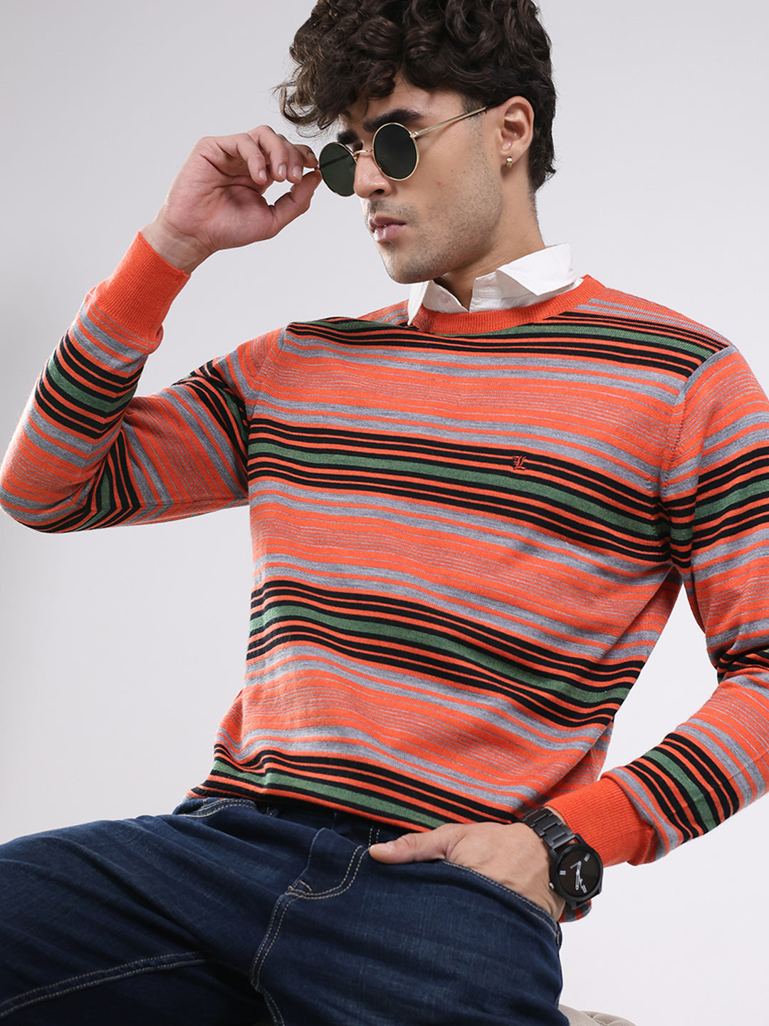 Luxuria Men Orange Self Design Round Neck Full Sleeve Pullover