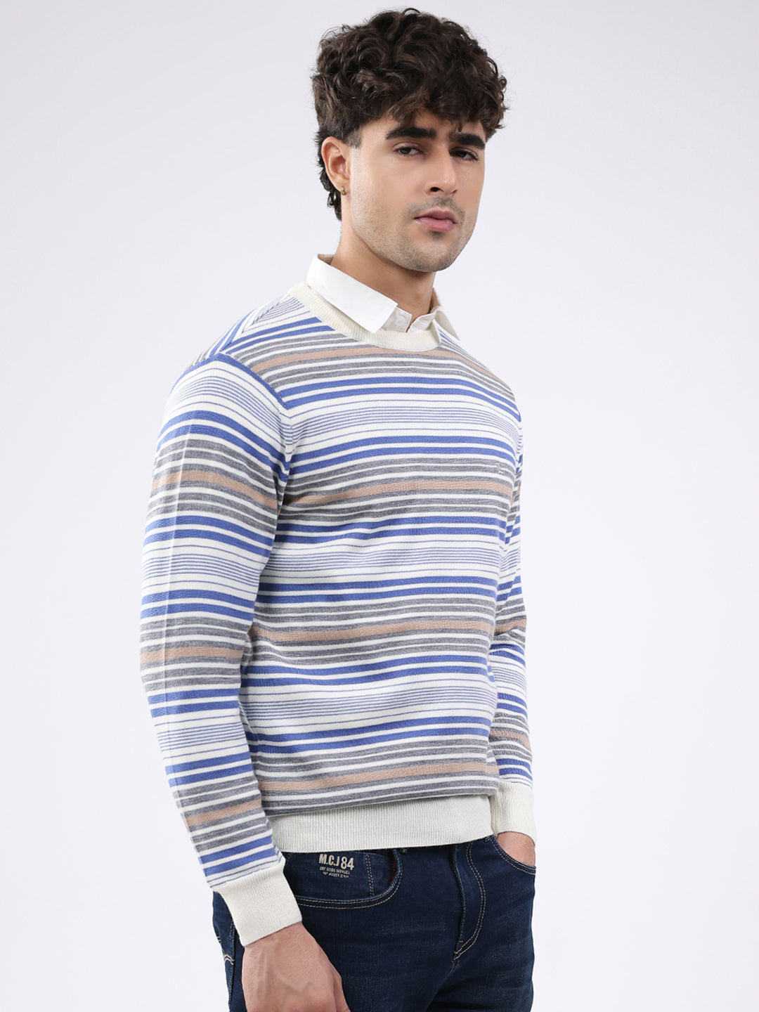 Luxuria Men Off White Self Design Round Neck Full Sleeve Pullover