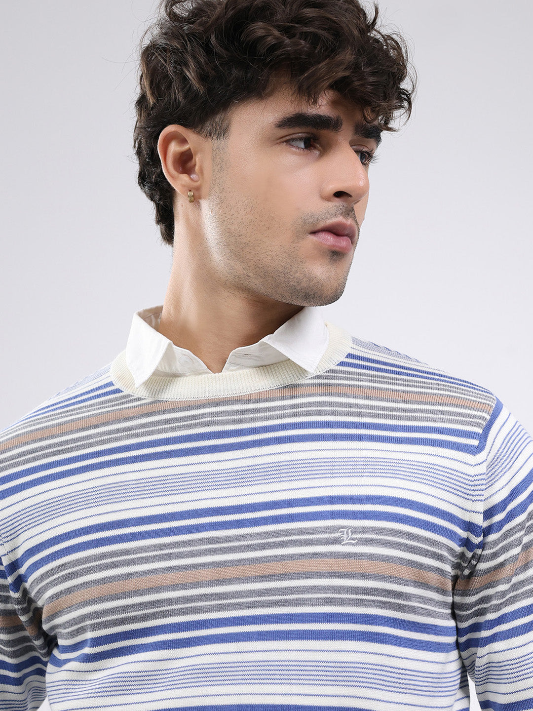 Luxuria Men Off White Self Design Round Neck Full Sleeve Pullover