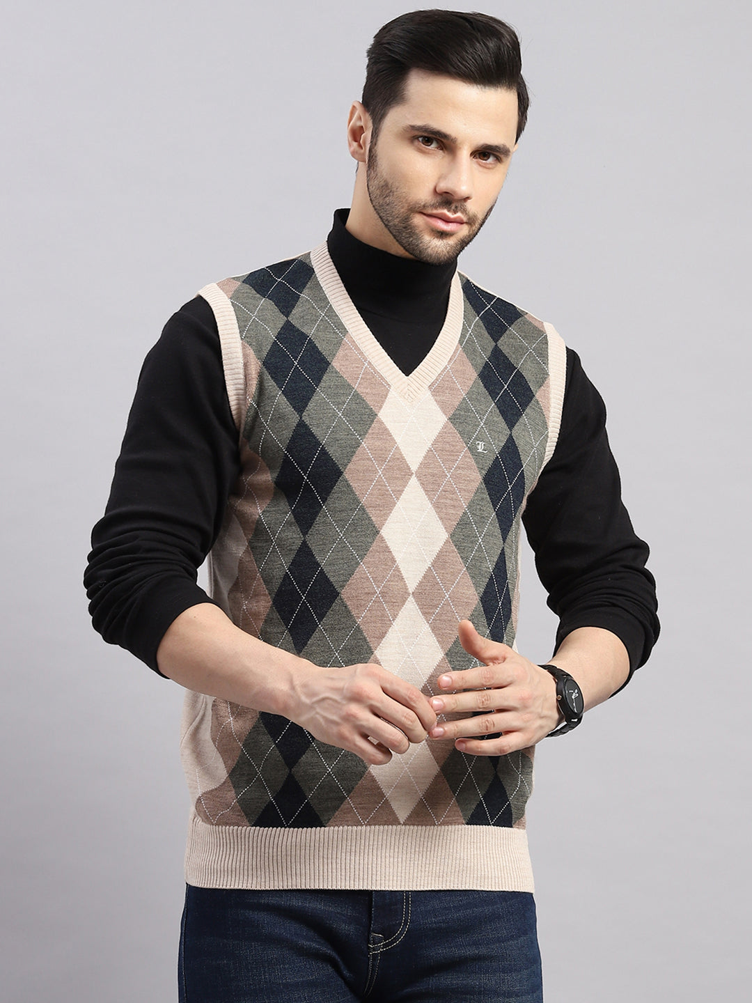 Luxuria Men Beige Printed V Neck Sleeveless Sweater
