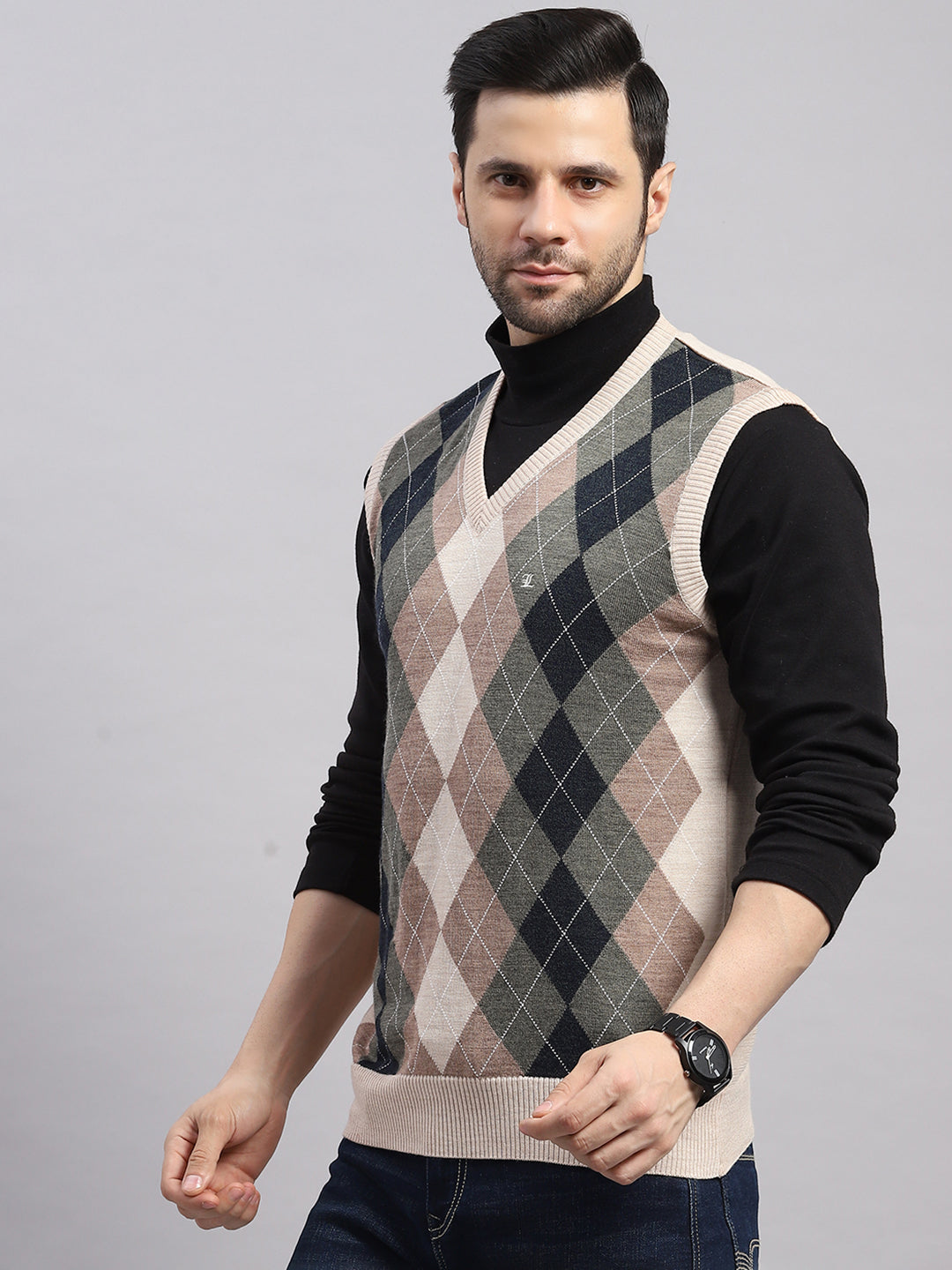 Luxuria Men Beige Printed V Neck Sleeveless Sweater