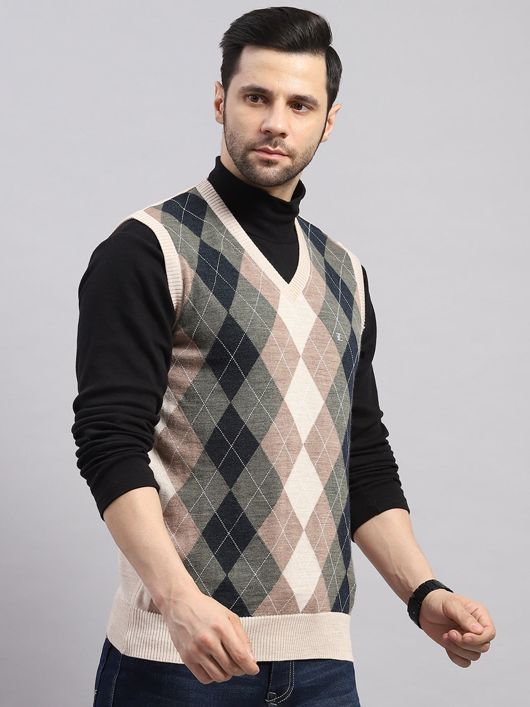 Luxuria Men Beige Printed V Neck Sleeveless Sweater