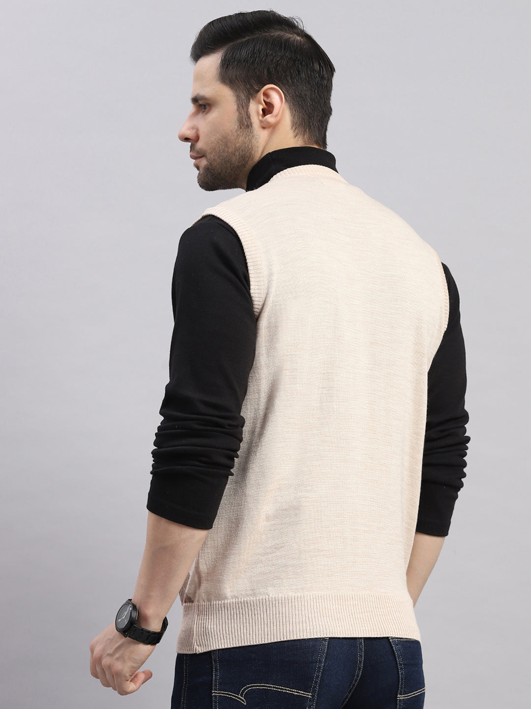 Luxuria Men Beige Printed V Neck Sleeveless Sweater