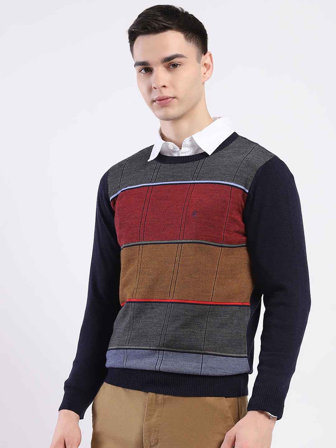 Luxuria Men Navy Blue Self Design Round Neck Full Sleeve Pullover