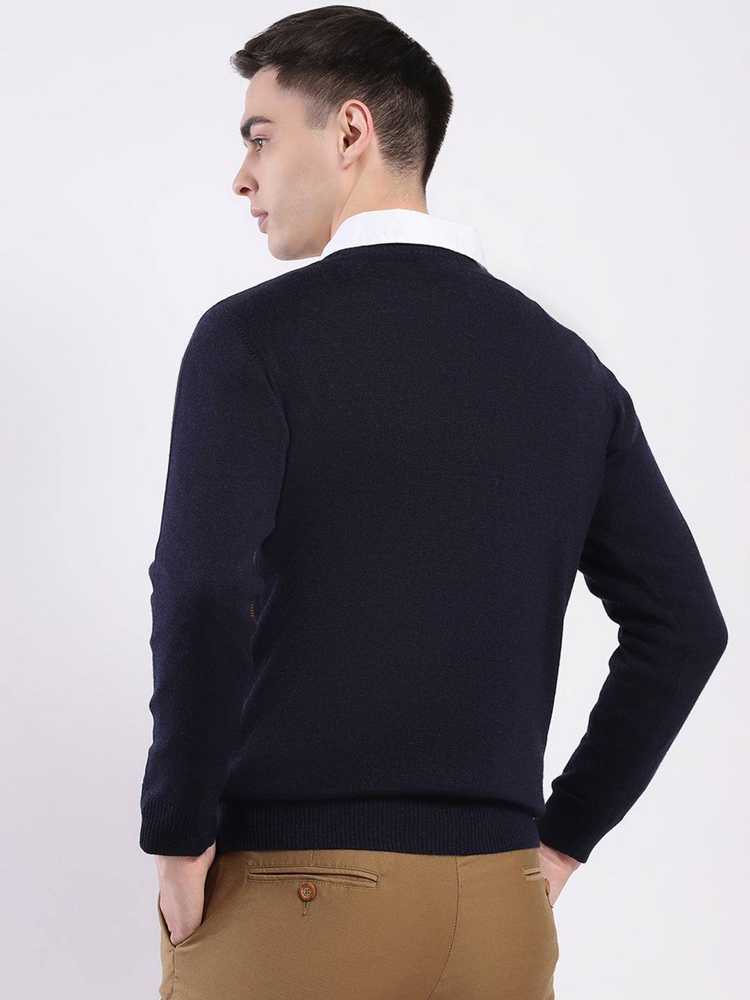 Luxuria Men Navy Blue Self Design Round Neck Full Sleeve Pullover