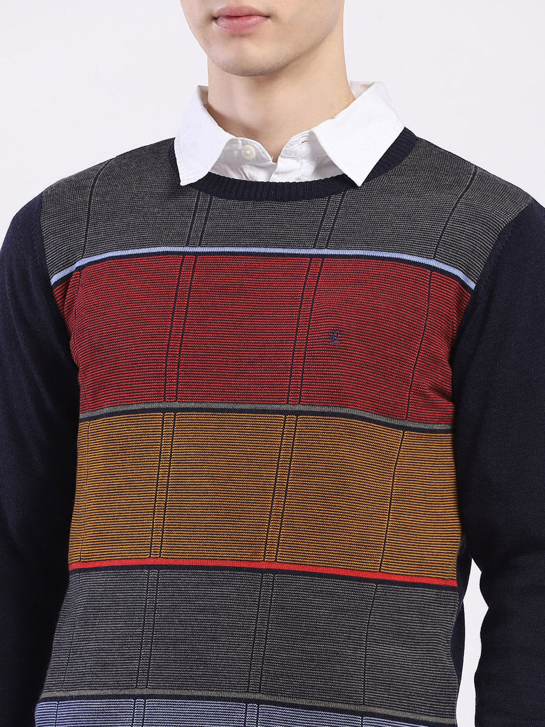 Luxuria Men Navy Blue Self Design Round Neck Full Sleeve Pullover