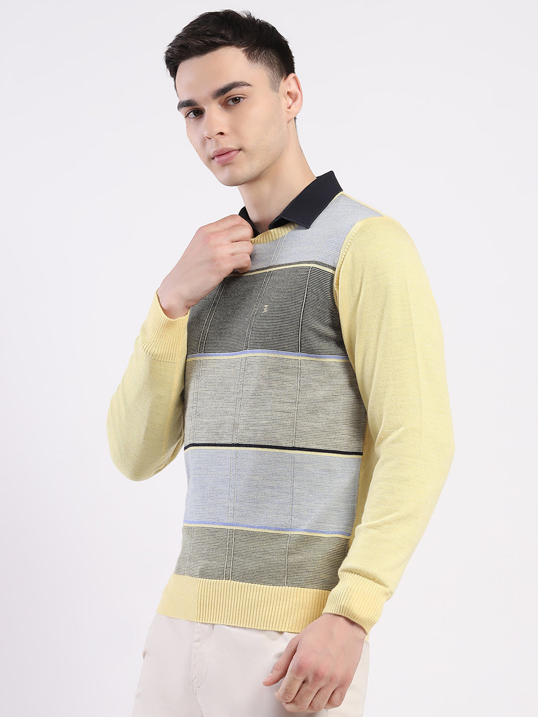 Luxuria Men Yellow Self Design Round Neck Full Sleeve Pullover