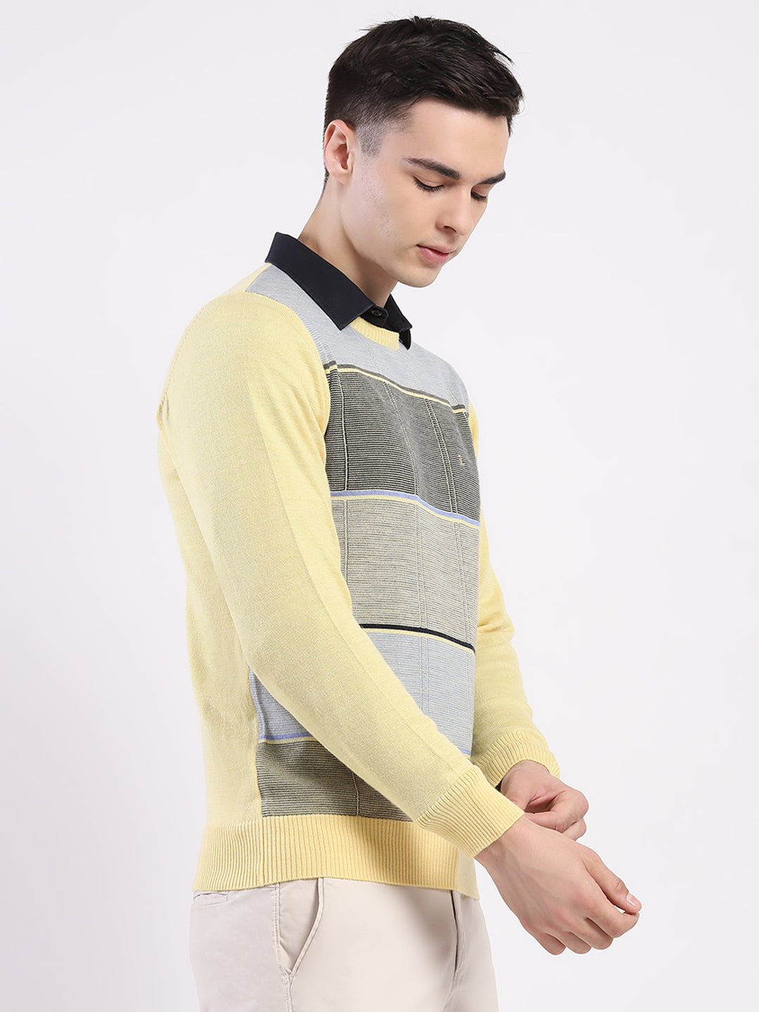 Luxuria Men Yellow Self Design Round Neck Full Sleeve Pullover
