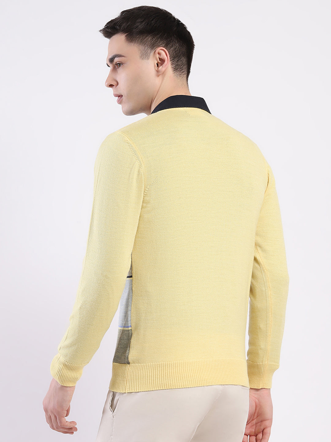 Luxuria Men Yellow Self Design Round Neck Full Sleeve Pullover