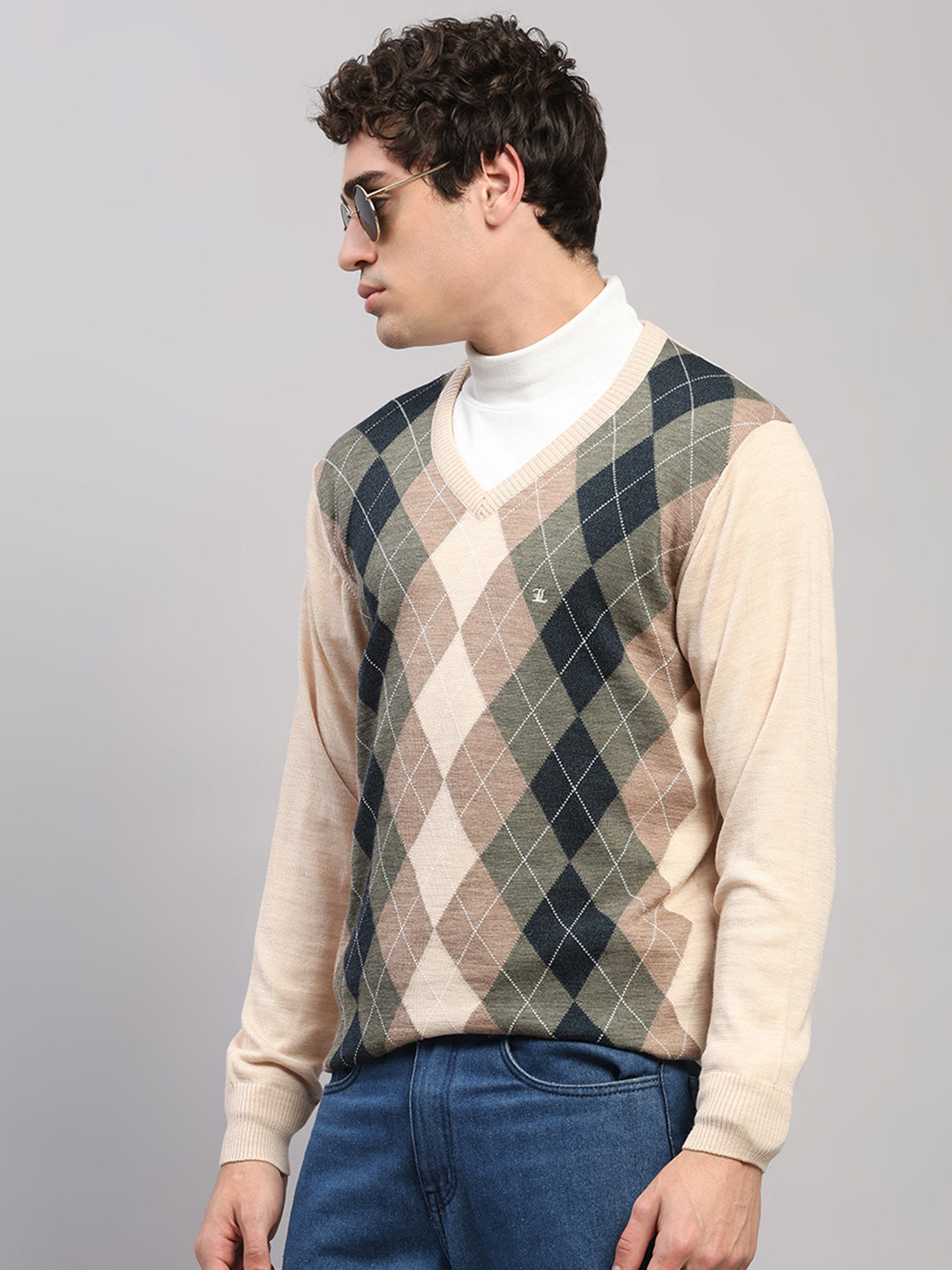 Luxuria Men Beige Printed V Neck Full Sleeve Pullover