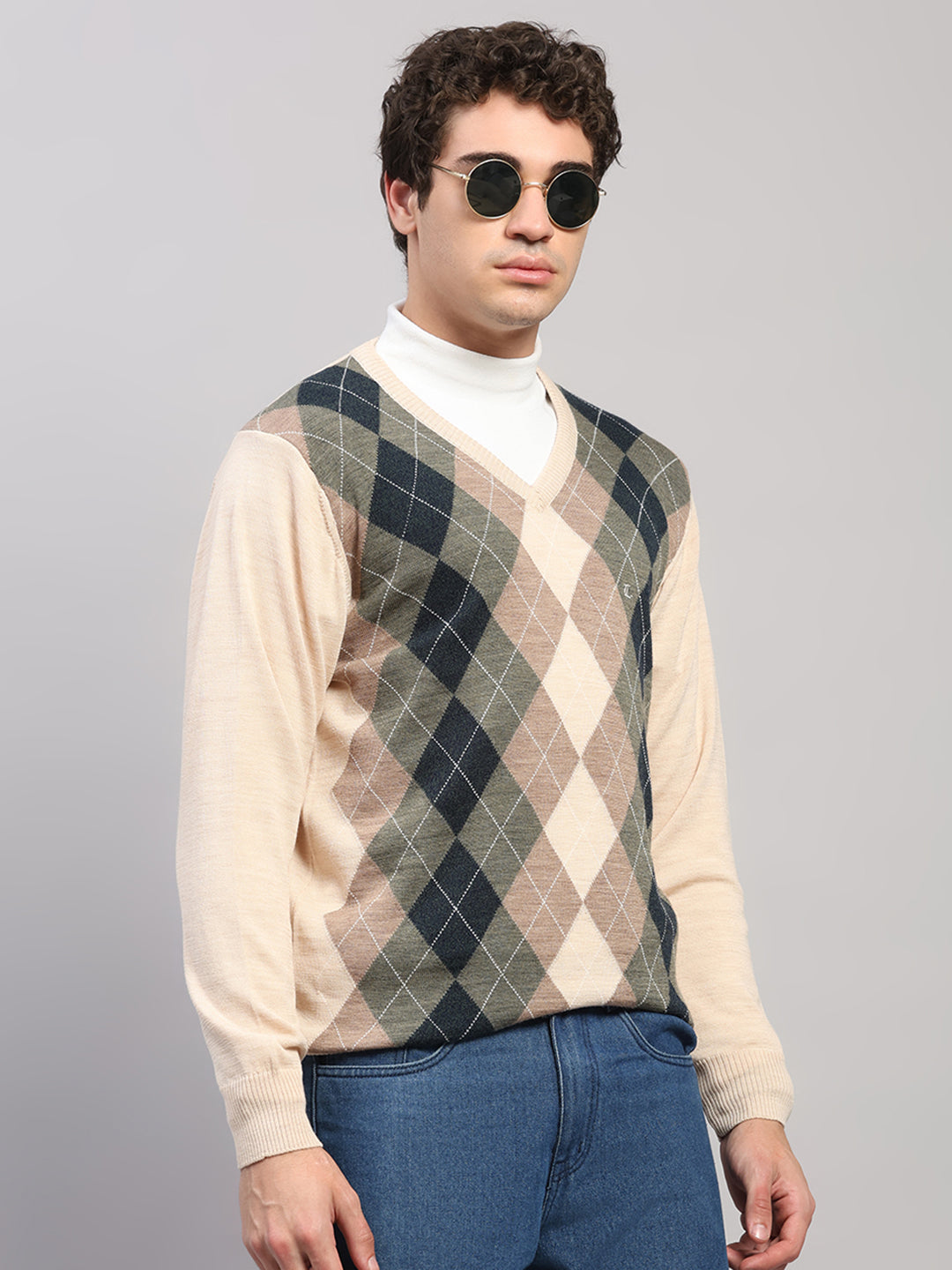 Luxuria Men Beige Printed V Neck Full Sleeve Pullover