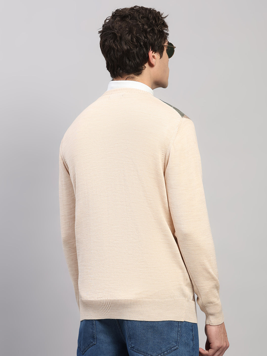 Luxuria Men Beige Printed V Neck Full Sleeve Pullover