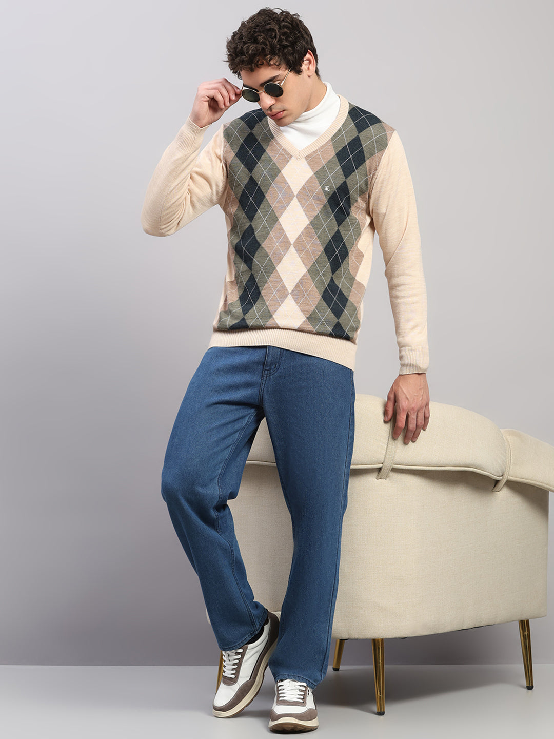 Luxuria Men Beige Printed V Neck Full Sleeve Pullover