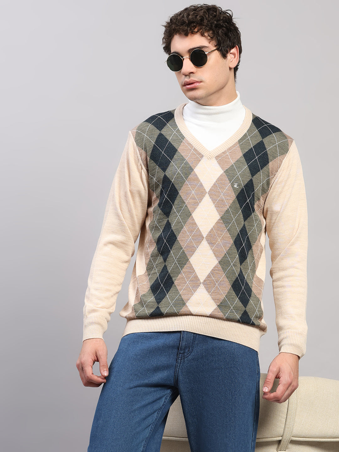 Luxuria Men Beige Printed V Neck Full Sleeve Pullover