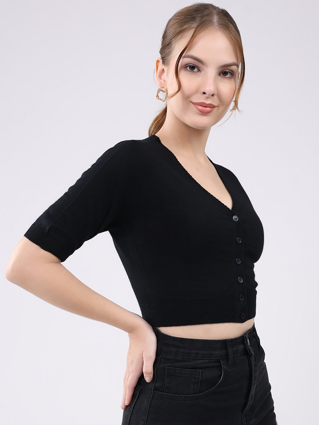 Women Black Solid Front Open Half Sleeve Cardigan