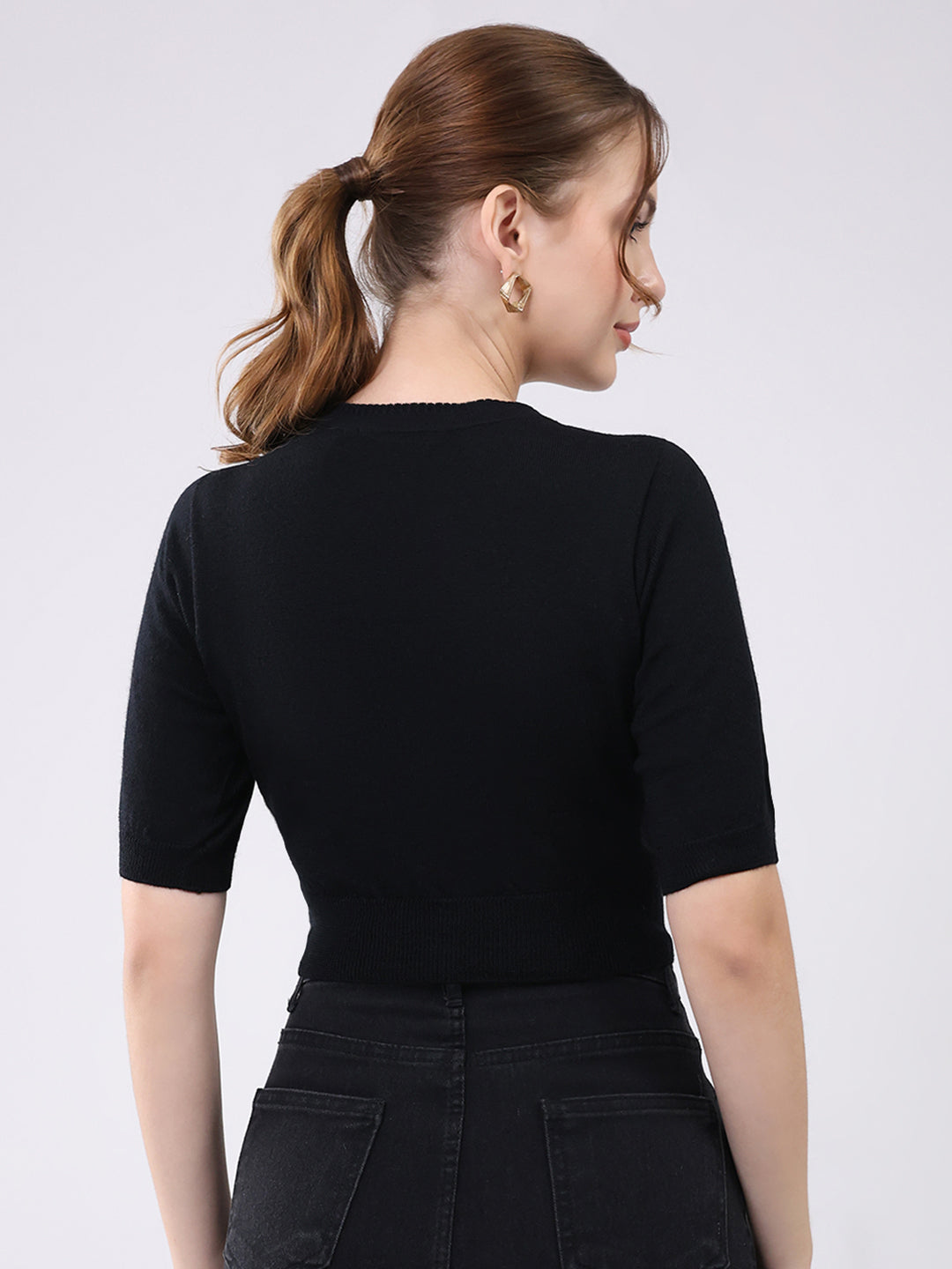 Women Black Solid Front Open Half Sleeve Cardigan