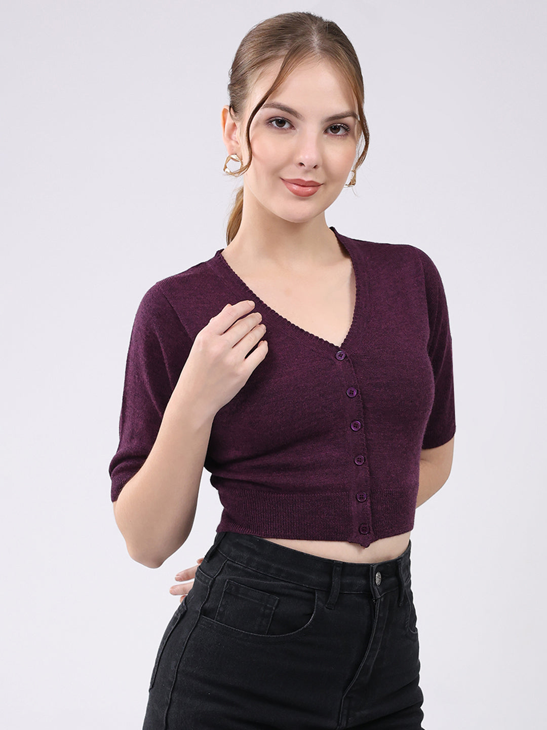 Women Maroon Solid Front Open Half Sleeve Cardigan