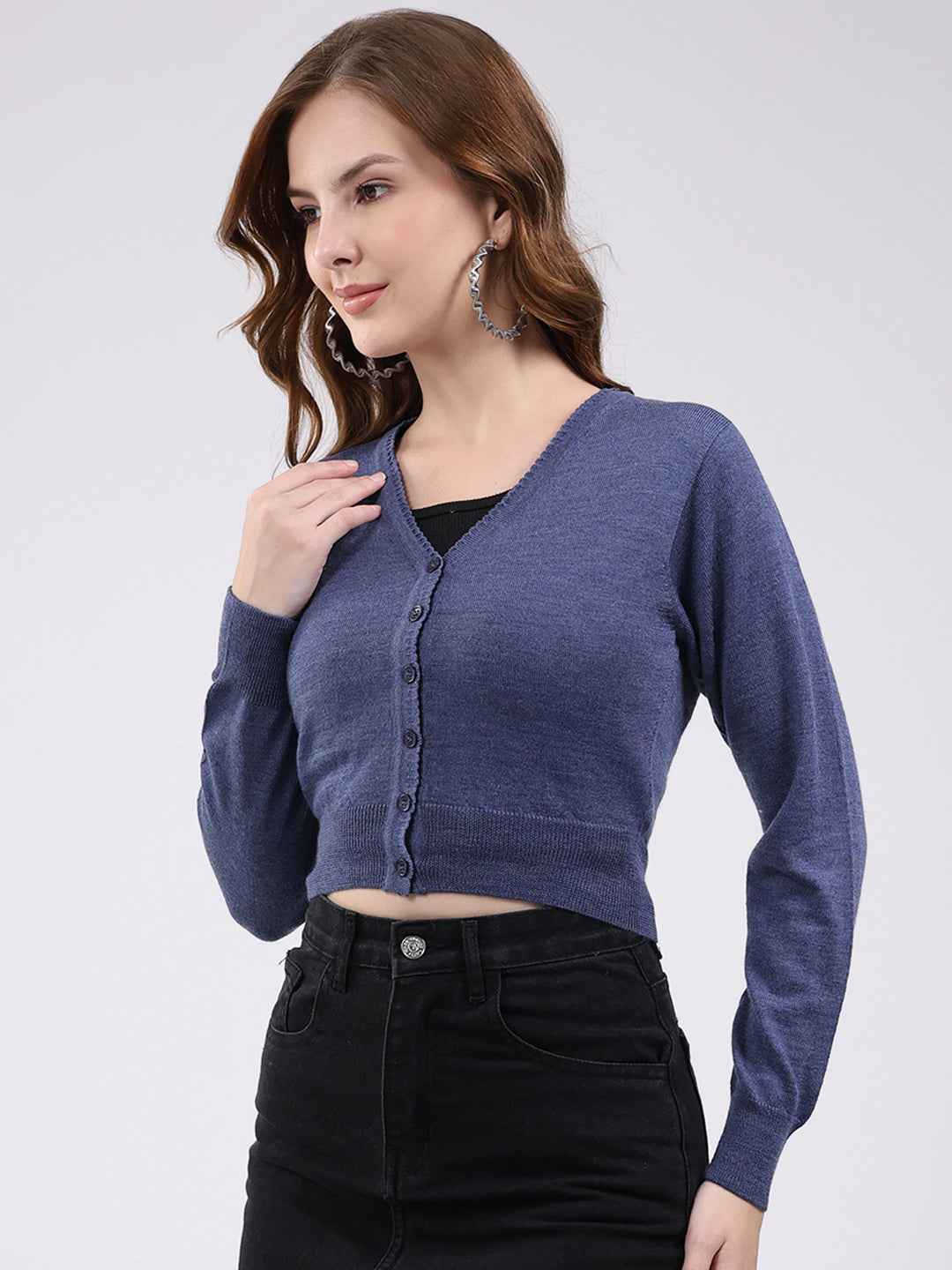 Women Navy Blue Solid V Neck Full Sleeve Blouse
